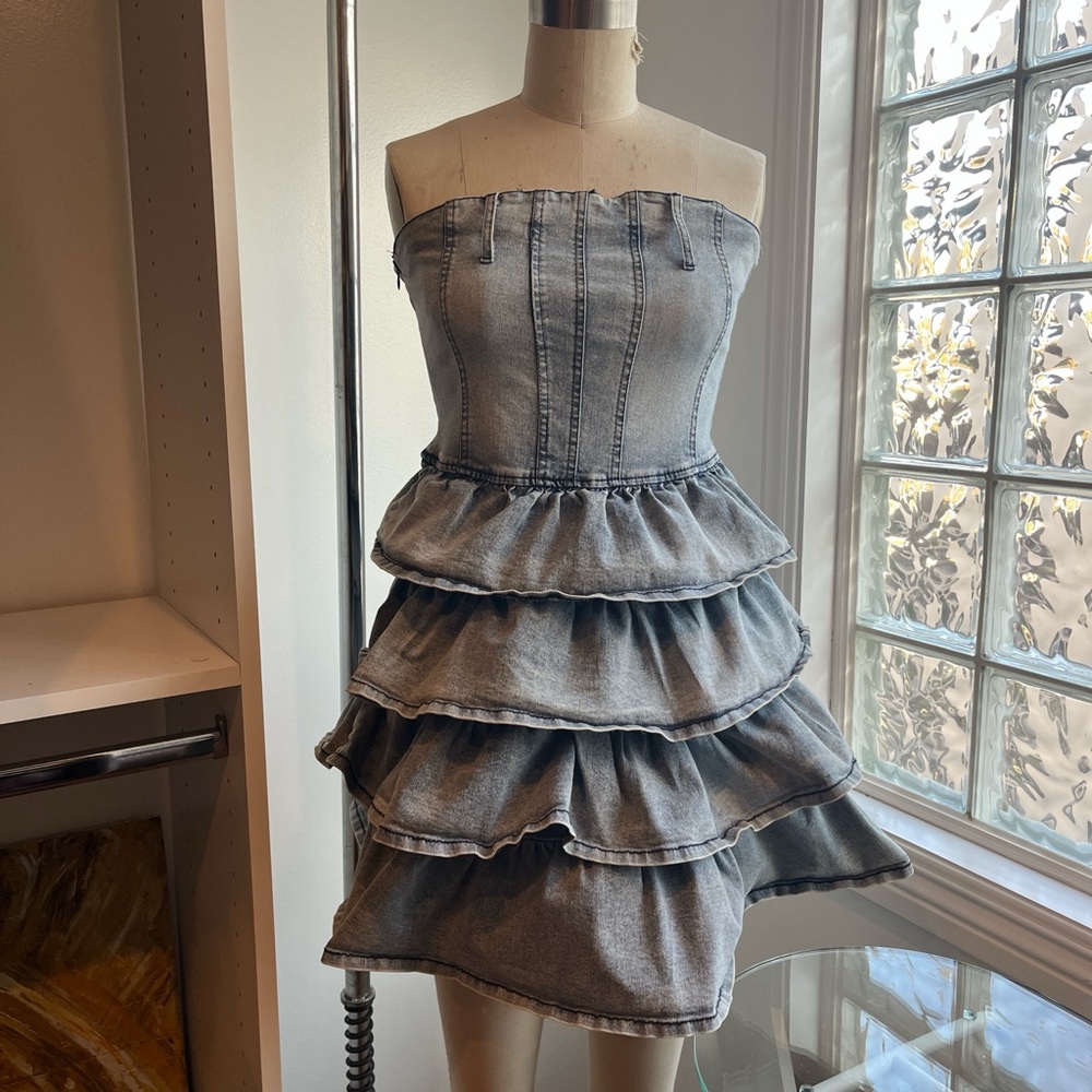 Strapless Denim Ruffle Dress